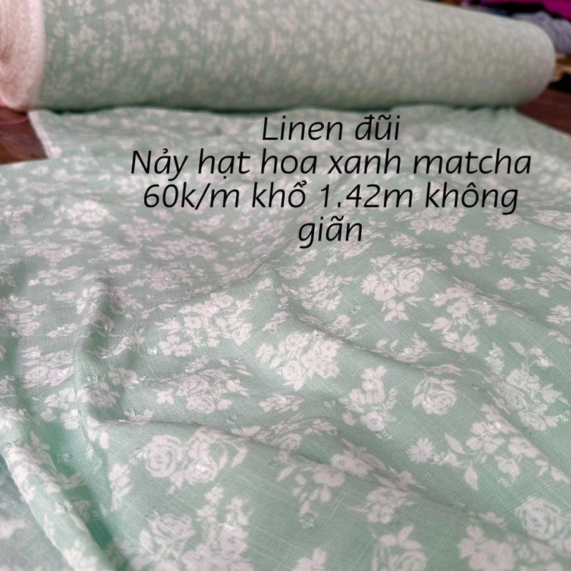 Vải Linen Đũi Hoa xanh matcha, may Quần-váy -áo -Thêu nảy hạt mềm mát