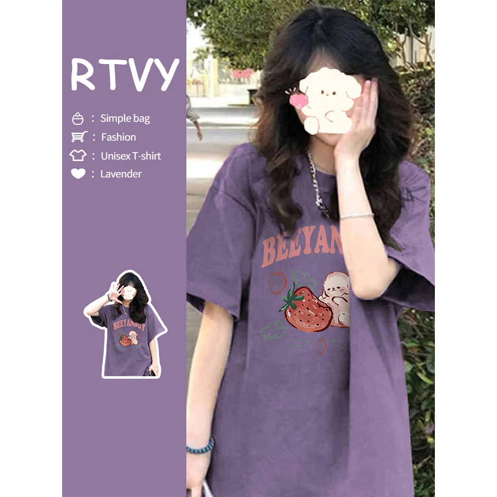 「RTVY」Áo thun Cotton ngắn tay nguyên chất mùa hè Oversize in hình thỏ kiểu Mỹ cổ điển dáng rộng dành cho nữ