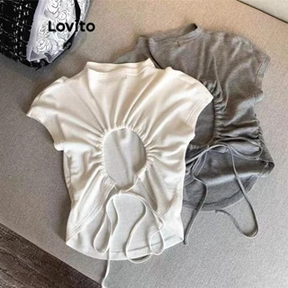 Lovito Áo thun trơn thường ngày cut out cho nữ LNA62172