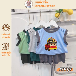 Đồ mặc nhà Bộ ba lỗ XOOP cotton lụa phối tay mí 2 đường trên vai và quần in họa tiết cho bé (10-26kg) XBL13