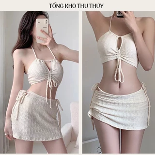 Bộ Đồ Bơi Bikini Ba Mảnh Đi Biển Có Đệm Mút Nâng Ngực Kín Dáo Có Dây Buộc Quyến Rũ Từ 35-65kg TT14