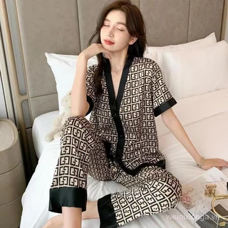 Bộ Đồ Ngủ Bằng Lụa Băng Nữ Dài Tay Cổ Chữ V Cardigan Mô Phỏng Lụa Ve Áo Loungewear Bộ