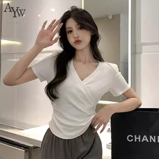 Ayw Áo thun ngắn tay cổ chữ V màu trơn ngắn tay hàng đầu mới xếp ly chéo thích hợp dành cho nữ