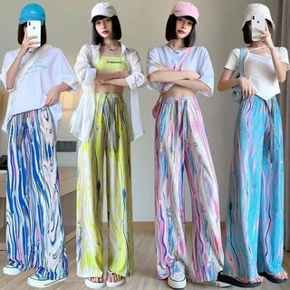 Ice Silk Tie-Dye Quần ống rộng nữ cạp cao Drape mùa hè mỏng rộng voan thẳng