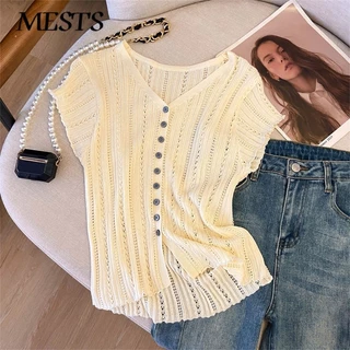 Rỗng Hố Dải Dệt Kim Áo Thun Nữ Mùa Hè Phong Cách Mới Cổ Chữ V Nút Cardigan Ngắn Top