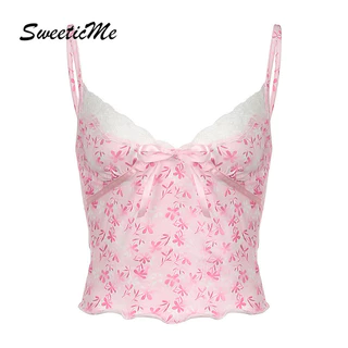 Sweeticme Nữ 2024 Thời Trang Mới Ngọt Ngào Cổ Chữ V Nách Eo Ren Hoa Xe Tăng Áo Camisole