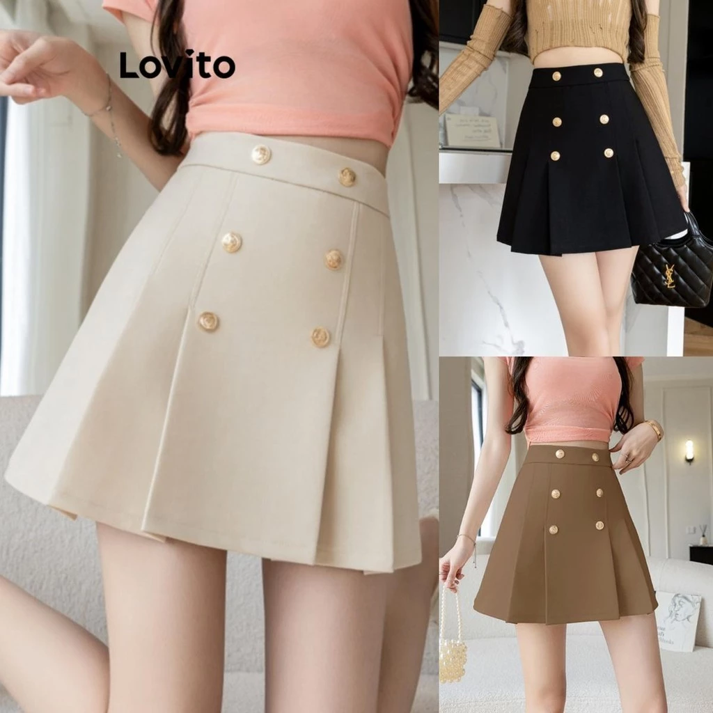 Chân váy Lovito màu trơn xếp ly phối hai hàng nút phong cách thường ngày dành cho nữ LNE46204