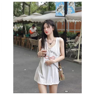 Áo vest không tay in hình mùa xuân hè 100% cotton rộng rãi dành cho nữ