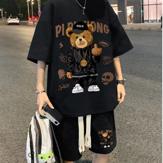 Mẫu mới combo áo thun form rộng gấu hiphop kèm quần short phong cách Xưởng May Hà Nam set nam 220BB