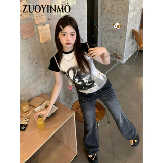 ZUOYINMO áo phông áo thun nữ croptop baby tee Cổ điển Casual Xu hướng phổ biến WMY2393G4T 21Z240525