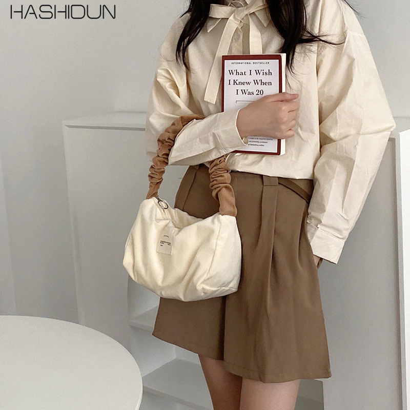 Hashidun Túi đeo vai nữ màu kẹo vải nhung phong cách Nhật Bản ins màu tương phản túi tote cầm tay