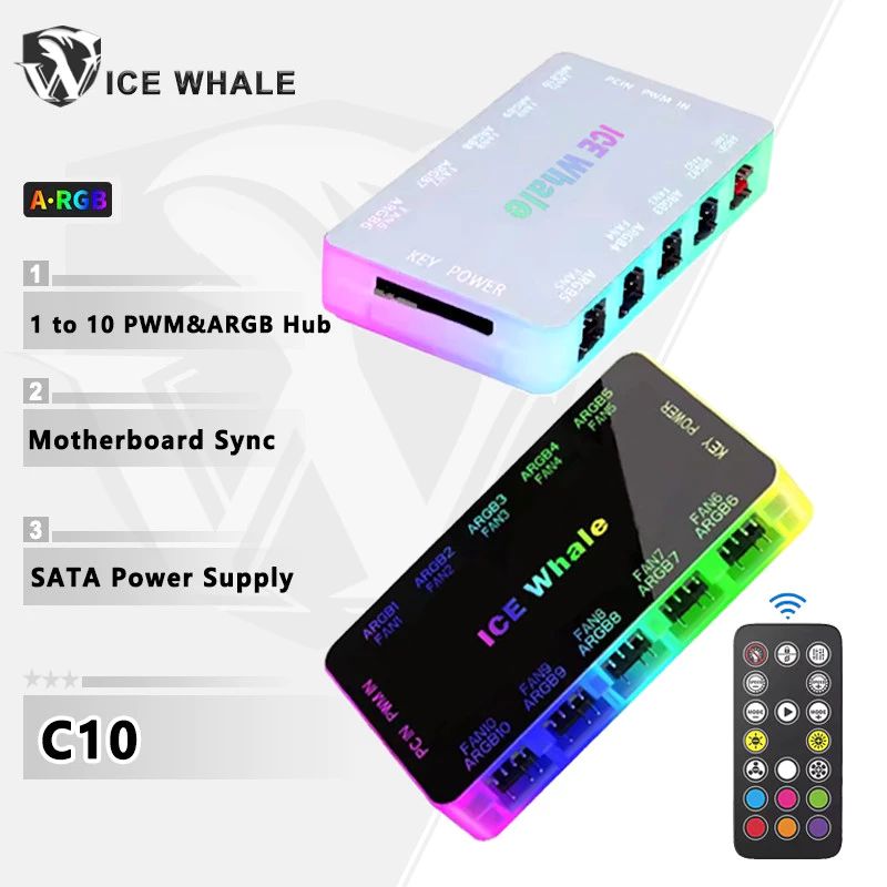 Ice Whale C10 1 đến 10 Vỏ PWM & ARGB Bộ chia trung tâm quạt 4Pin PWM 3Pin Bộ chuyển đổi ARGB có thể địa chỉ Giao diện nguồn SATA với điều khiển từ xa