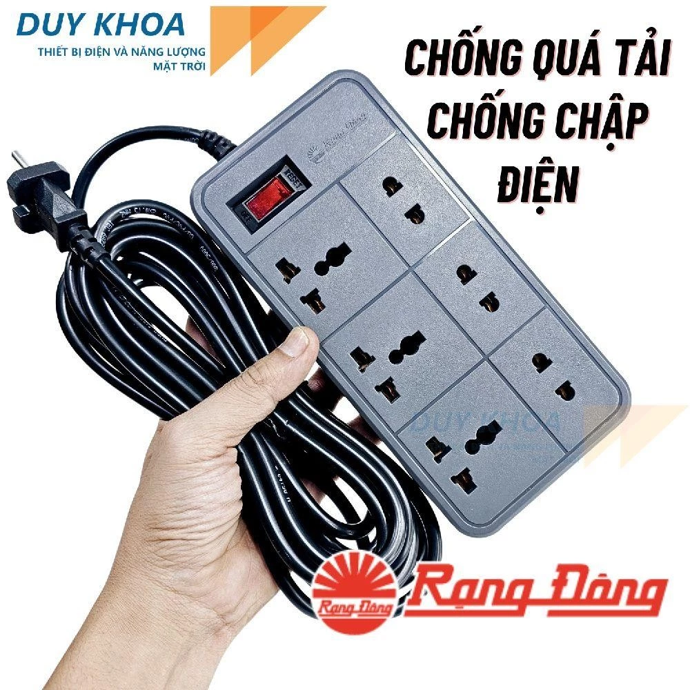 Ổ cắm điện 6 lỗ Rạng Đông màu Xám Công tắc kết hợp Rờ le chống quá tải Vỏ ABS chống cháy OC06V2