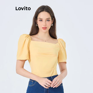 Lovito Áo kiểu xếp li trơn đơn giản cho nữ L87ED211