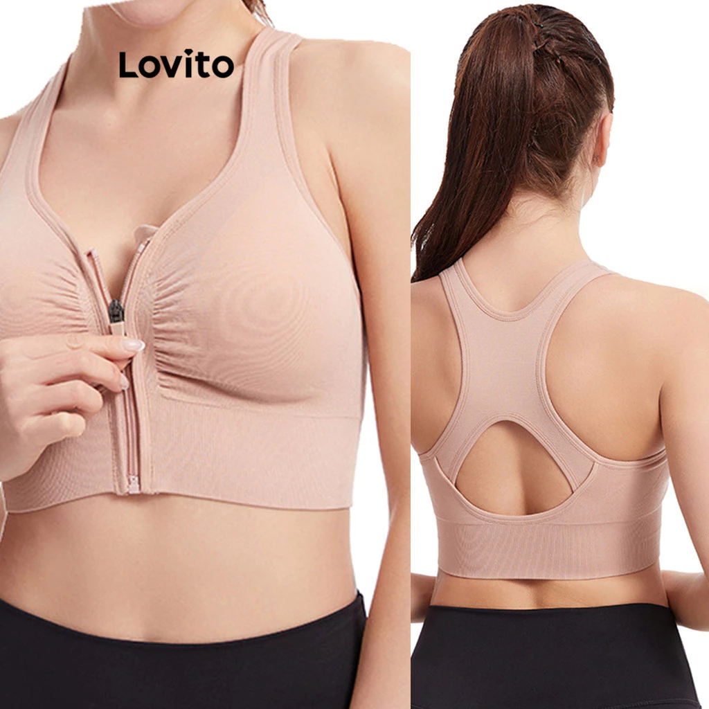 Áo ngực Lovito có dây kéo màu trơn phong cách thể thao dành cho nữ LNL45120