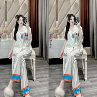 Bộ đồ Pijama chữ H phối viền Lụa gấm xước áo cộc quần dài cho Nữ sang chảnh CD15 Sammy