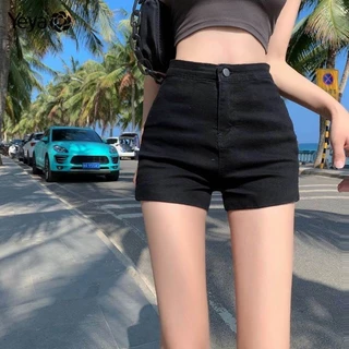 Quần short denim nữ YEYA cạp cao màu đen giảm béo quần short hông bó sát