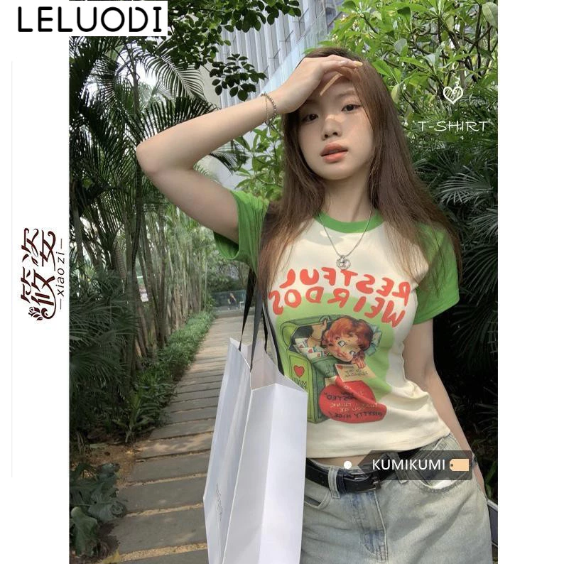 LELUODI áo phông áo thun nữ croptop baby tee Popular Thể thao Fashion Vintage A29J2DT 17Z240424