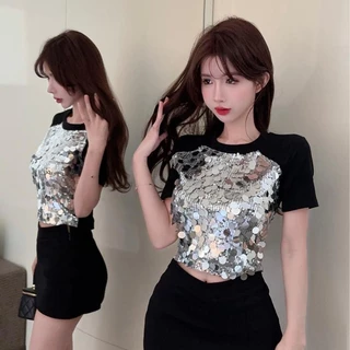 Yuewen Thời Trang Khâu Kim Sa Lấp Lánh Áo Thun Nữ Tay Ngắn Mùa Hè Thiết Kế Phong Cách Mới Niche Slim-Fit Áo Ngắn Tay