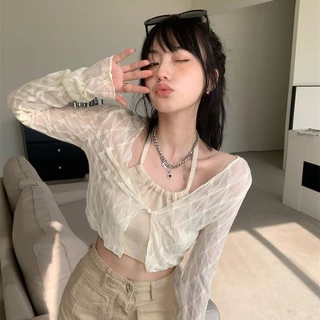 Áo khoác cardigan mỏng Y2K  Áo dài tay crop Camisole Halterneck Chống nắng vào mùa hè