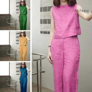 Stitchique _ 2 Cái / bộ Cổ Tròn Không Tay Cao Cấp Túi Trang Phục Nữ Màu Trơn Áo Vest Ngắn Chân Rộng Quần Dài Bộ