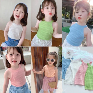 Áo vest cổ tròn không tay màu trơn phong cách cho bé gái, áo vest cổ tròn cho bé gái