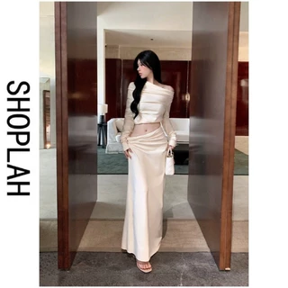 Shoplah Slim-fit Slimer Look One-Shoulder Top Thiết kế màu trơn Cảm giác Váy dài bó sát đầu thu hai mảnh