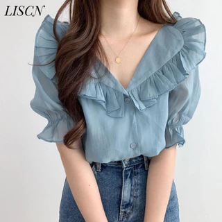 LISCN Áo Sơ Mi áo sơ mi nữ áo kiểu hàn quốc dramatic thông thường Tối giản trendy WCS2440T0G 16Z240418