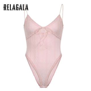 Relagala Nữ 2024 Mới Rỗng Ren Màu Trơn Suspender Hợp Thời Trang Thường Ngày Đa Năng Eo Slim Bodysuits