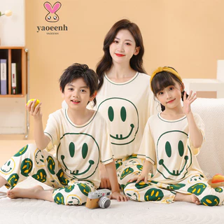 【YAOEENH】110-180cm Mùa Hè Trẻ Em Cha Mẹ-Con Quần Ngắn Tay Loungewear Bé Trai Bé Gái Hoạt Hình Cổ Tròn Thư Bộ Đồ Ngủ