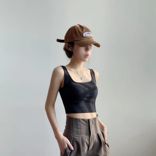 Áo Vest Cotton Nữ Mùa Hè Cổ Vuông Lưng Áo Vest Có Miếng Lót Ngực Đa Năng Màu Trơn Xe Tăng Crop Top