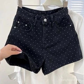 Đen Chấm Bi Denim Quần Short Nữ Mùa Hè 2024 Phong Cách Mới Kích Thước Lớn Cao Cấp Rời Mỏng Rộng Chân Rộng Hông Quấn Quần Nóng