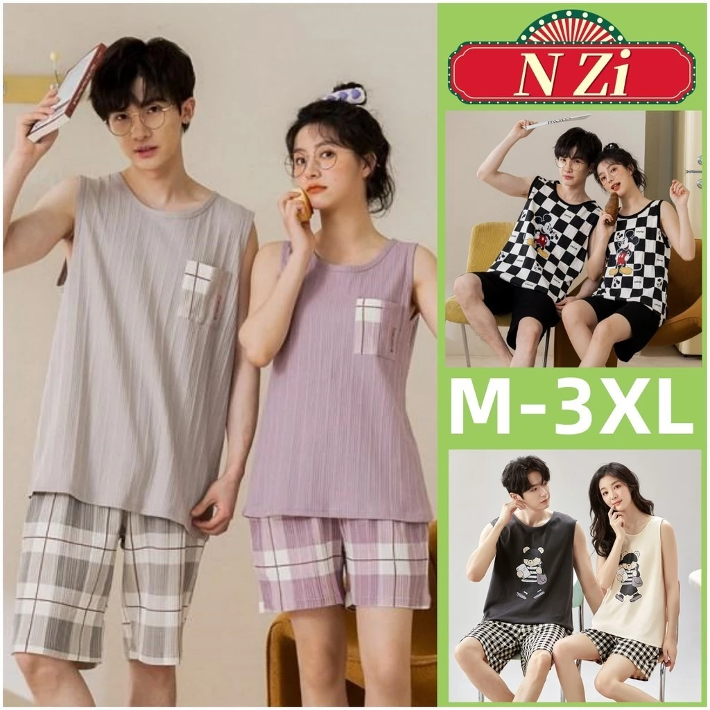 Cặp Đôi Bộ Đồ Ngủ Cotton Nam Nữ Bộ Đồ Ngủ Mùa Hè Không Tay Đồ Ngủ Người Phụ Nữ Người Rời Loungewear M-3XL