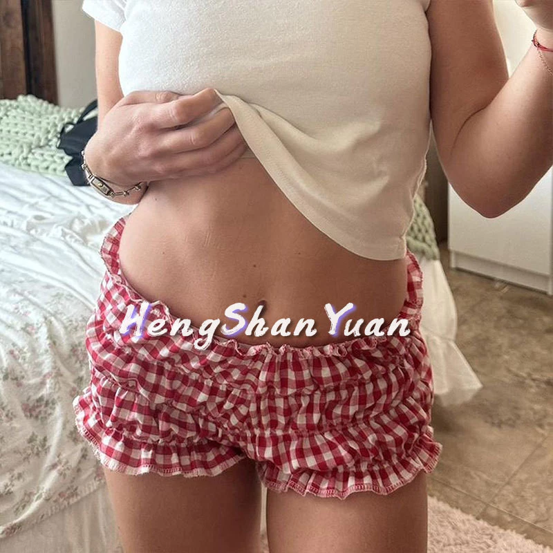 Heng Shan Yuan Quần short kẻ sọc nữ thời trang ren eo thấp quần short thường ngày