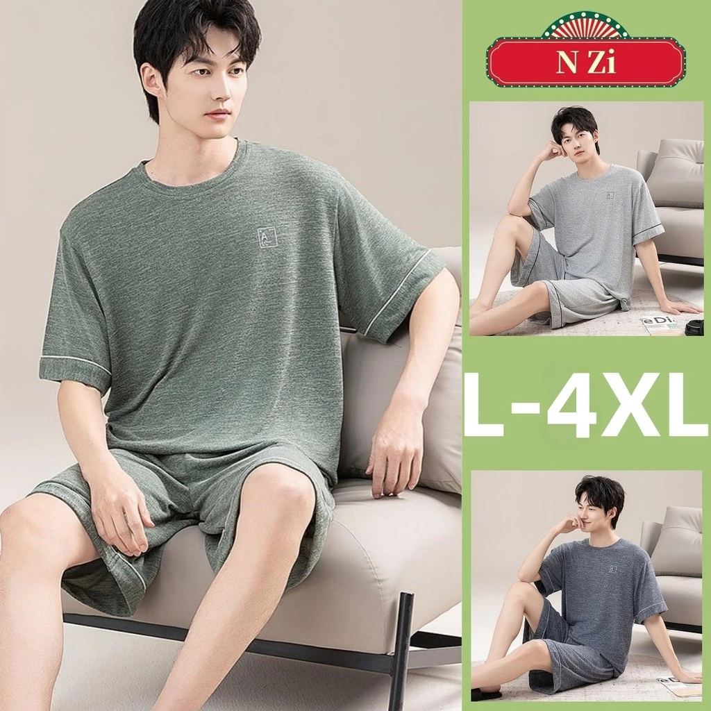 L-4xl Bộ Đồ Ngủ Nam Plus Kích Thước Bộ Đồ Ngủ Cotton Mùa Hè Tay Ngắn Đồ Ngủ Người Thoáng Khí Màu Trơn Tối Giản Phong Cách Loungewear Mỏng