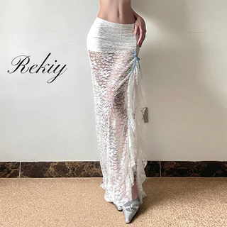 Rekiy Nữ Váy Maxi 2024 Thời Trang Màu Trơn Mờ Ren Gợi Cảm Eo Thấp Váy Thường Ngày