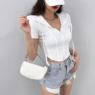 Pháp Hot Girl Ngắn Crop Có Mũ Trùm Đầu Ngắn Tay Áo Thun Nữ Cardigan Mùa Hè Mỏng Slim-fit Ôm Hơn Nhìn Niche