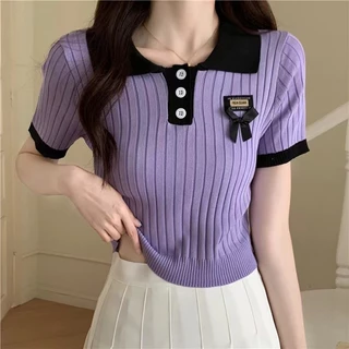 Balamy Thiết Kế Mùa Hè Niche Ice Silk Đan Áo Thun Nữ Tay Ngắn ins Phiên Bản Hàn Quốc Slim-Fit Slimmer Nhìn Áo Sơ Mi polo Ngắn