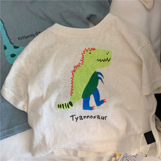 Áo thun ngắn tay cổ tròn dáng rộng thông thường dành cho trẻ em có in hình khủng long Áo thun thời trang và thoáng khí cho bé mặc mùa hè