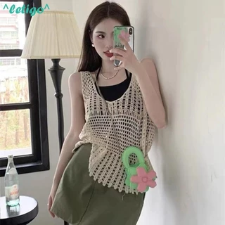 Áo len dệt kim LETIGO, Áo hai dây rỗng móc dáng rộng, Áo sơ mi không tay thêu họa tiết Cotton mùa hè