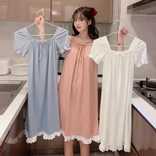 Phụ Nữ Mùa Hè Tay Ngắn Váy Ngủ Bộ Đồ Ngủ Ren Màu Trơn Rời Loungewear