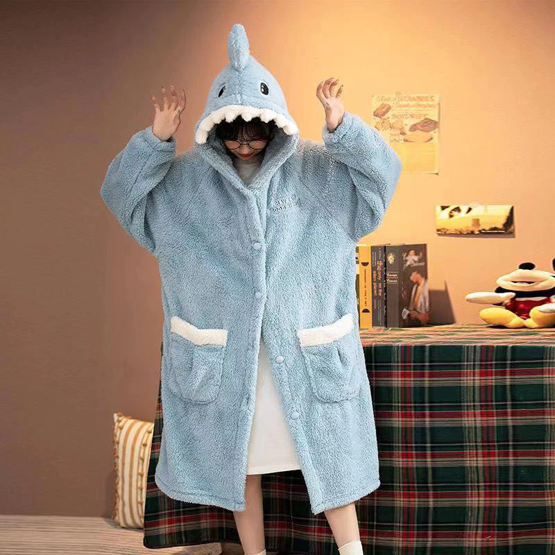 Kigurumi Hoạt Hình Có Mũ Trùm Đầu Cá Mập Bộ Đồ Ngủ Mùa Đông Váy Ngủ San Hô Nhung Dày Dễ Thương Áo Tắm Váy Cá Mập Xám Váy Ngủ Homewear