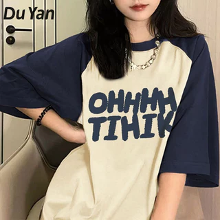 Du YAN cotton nguyên chất Áo thun ngắn tay cổ tròn raglan kiểu Mỹ dành cho nữ thiết kế mới dáng rộng đáy áo sơ mi thông thường nửa tay tương phản hàng đầu