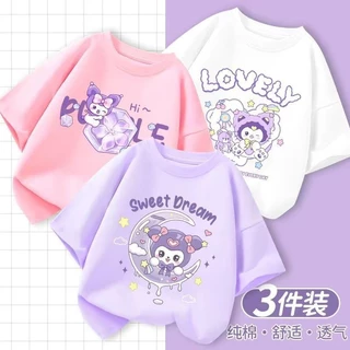 3 Chiếc Sanrio Áo Thun Bé Gái Cotton Cinnamoroll Kuromi Kawaii Áo Anime Quần Áo Thường Ngày Trẻ Em Tay Ngắn Áo Trẻ Em Tee