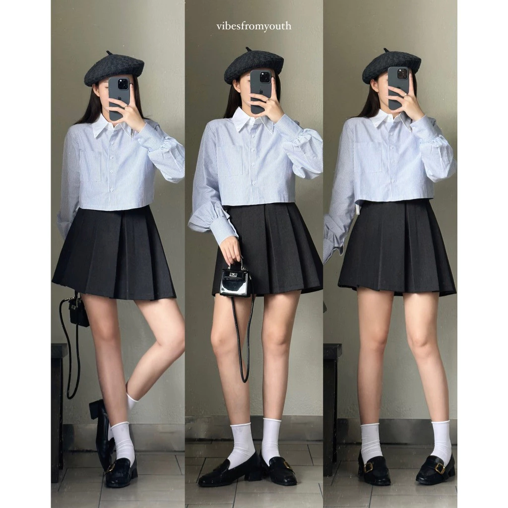 Áo sơ mi croptop tay dài màu sọc xanh trẻ trung dễ phối đồ, áo sơ mi nữ công sơ chất voan lụa đẹp - A283 sake