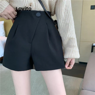 Lovito Quần short túi có dây kéo cài nút đơn giản cho nữ LNE40226