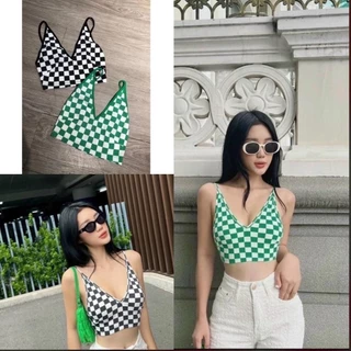 ￼ÁO HAI DÂY CROPTOP HOẠ TIẾT CARO ÔM BODY QUYẾN RŨ MÃ 02