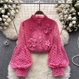 Dandange Phong Cách Hàn Quốc Nữ Rời Ren Móc Cotton Puff Áo Sơ Mi Dài Tay Baju Baju Áo Sơ Mi Wanita Lengan Panjang