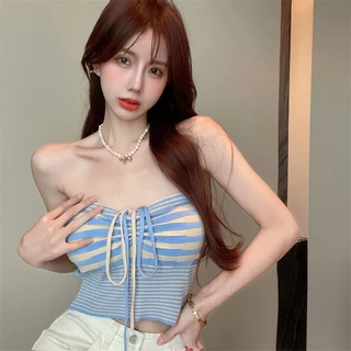 Gợi Cảm Rốn Crop Chic Girl Ngắn Top Mùa Hè Sọc Dây Không Tay Ống Top Camisole Nữ