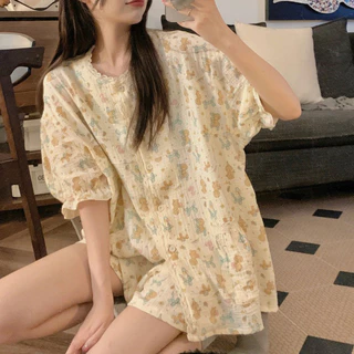 Bộ Đồ Ngủ Cho Chó Hoạt Hình Dễ Thương Mùa Hè Nữ Cổ Tròn Ngắn Tay Quần Short Hai Mảnh Loungewear